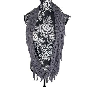 Black Rivet Gray Metallic Knit Fringe Infinity Scarf Boho Open Weave Wrap Winter